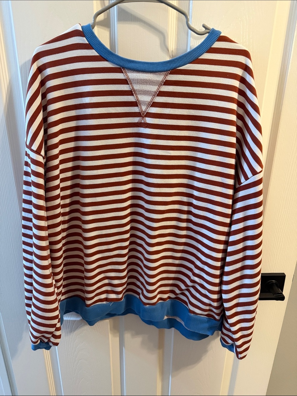 Striped Rust & White Crewneck Sweatshirt with Blue Trim
